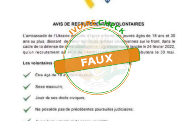 FAUX, ce communiqué prétendant un recrutement volontaire pour combattre la Russie n’émane pas de l’ambassade de l’Ukraine en Côte d’Ivoire